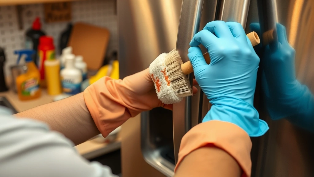 DIY enthusiast wearing rubber gloves carefully scrubbing rust spots on stainless steel kitchen appliance with soft-bristled brush, work area organized with cleaning supplies