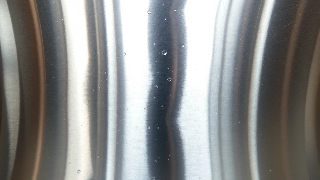 Finished polished stainless steel surface gleaming under bright light, showing restored shine and luster after rust removal treatment, water droplets beading on protective finish