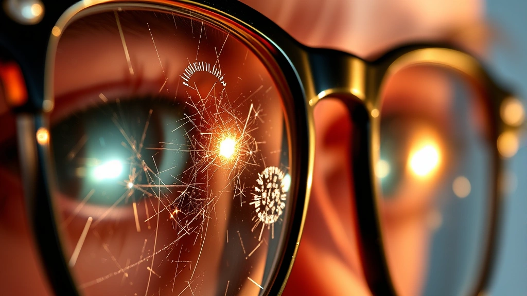 Close-up of eyeglasses with visible surface scratches on the lens catching light, showing damage detail and optical clarity issues from different angles