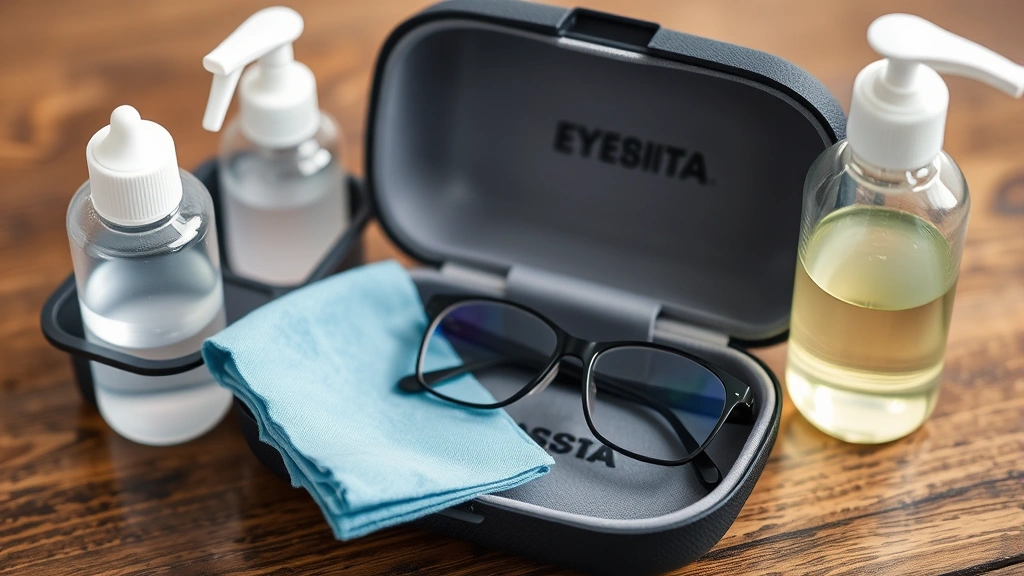 Organized eyeglass care station with protective hard case, microfiber cleaning cloths, lens cleaning solution bottle, and eyeglasses stored properly in case