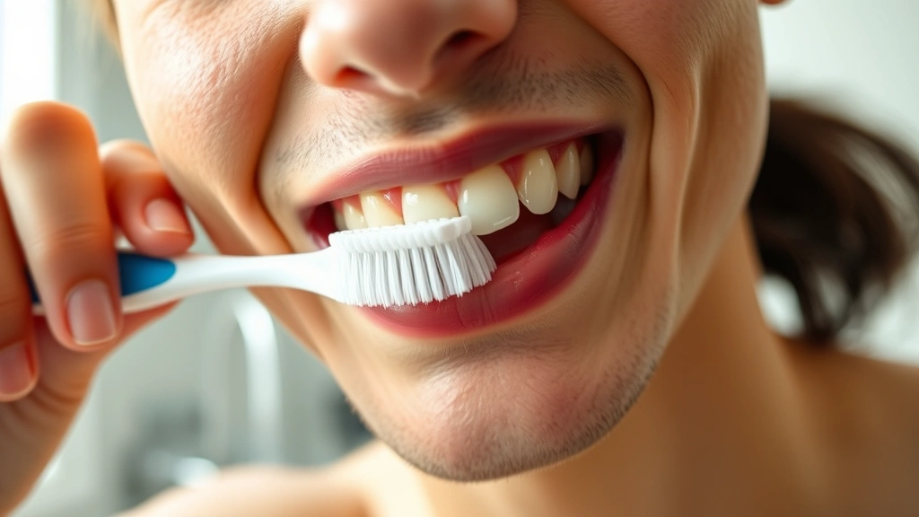 Close-up of person brushing teeth with soft-bristled toothbrush using proper technique, bathroom mirror visible, natural lighting