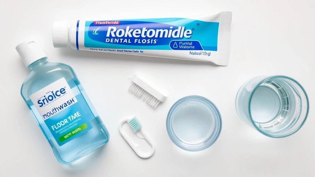 Overhead view of dental care products arranged on white surface: fluoride toothpaste, dental floss, mouthwash bottle, and water glass