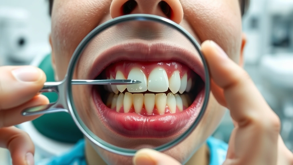 Person holding mirror examining teeth, showing white spots on tooth surface indicating early decay, professional dental office setting