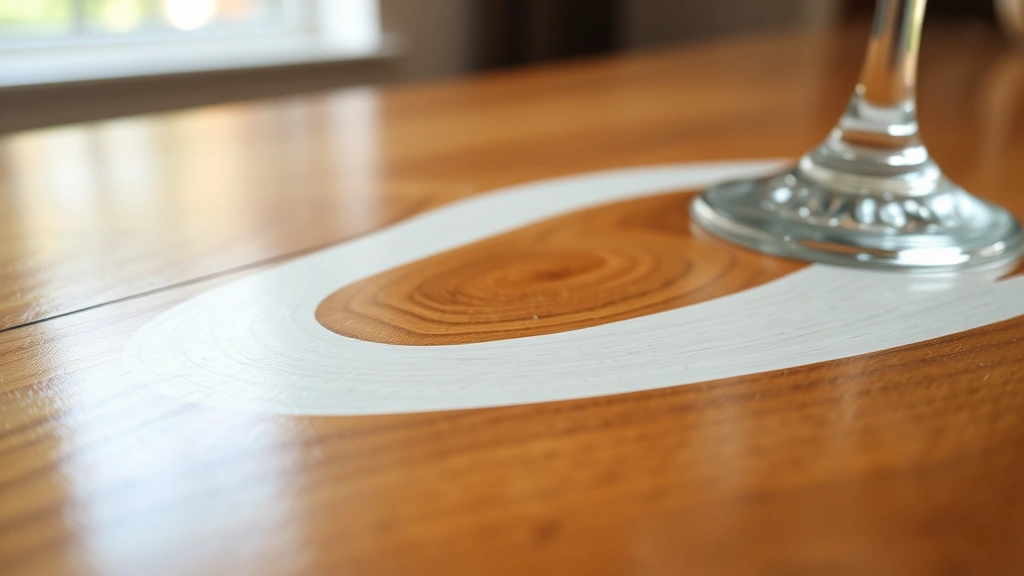 Close-up of a white water ring stain on a polished wooden dining table surface with a clear glass sitting nearby, showing the contrast between the stained and unstained wood finish
