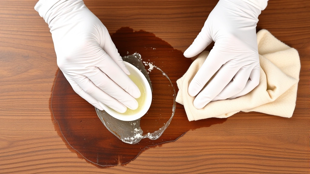 Hands wearing white cotton gloves applying a baking soda and oil paste mixture to a dark water stain on a wooden tabletop using a soft cloth in circular motions