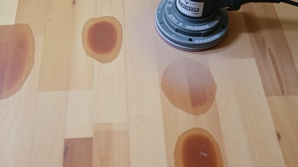 A wooden floor with distinct dark water stains of varying sizes being sanded with medium-grit sandpaper, showing the sanding process and wood dust, with a power sander in action
