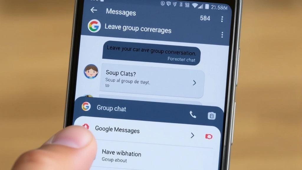 Android smartphone displaying Google Messages app with a group chat selected, showing the menu options for leaving a group conversation with finger pointing at the option