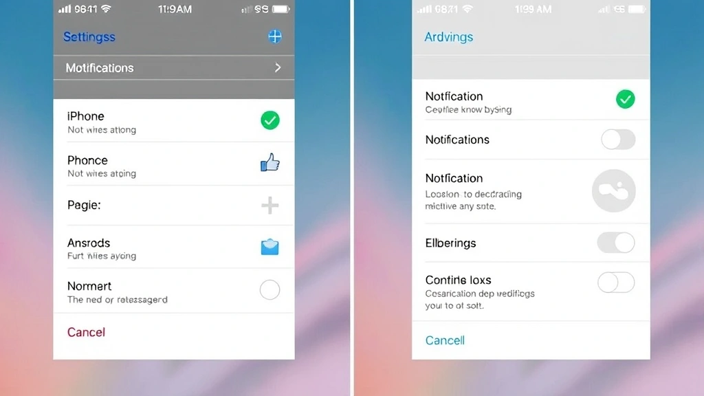 Split-screen comparison showing notification settings panels on both iPhone and Android devices, displaying mute and notification management controls for group messages
