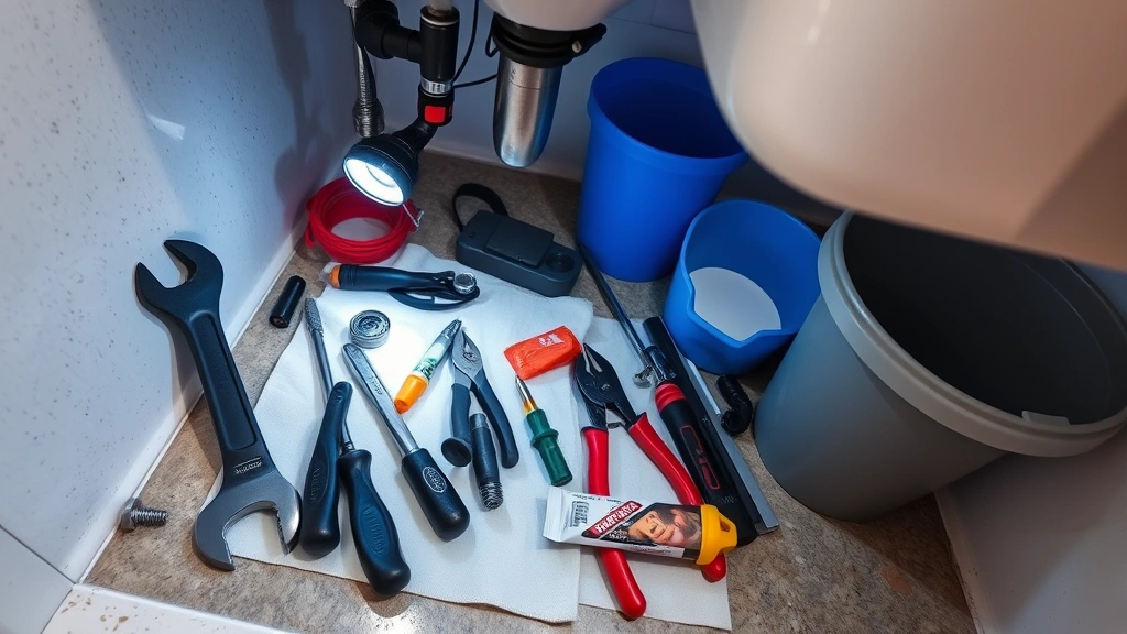 Wide angle view of an organized workspace under a sink displaying all necessary tools laid out: wrench, screwdrivers, pliers, flashlight, bucket, and plumber's putty on a white cloth