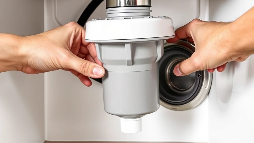 Detailed photo showing hands installing a new garbage disposal unit into a sink flange assembly, with the mounting ring and rubber gasket visible, demonstrating proper alignment