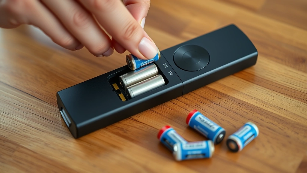 Person removing batteries from a Firestick remote with battery compartment open, fresh AA batteries beside the remote on a wooden table, natural daylight