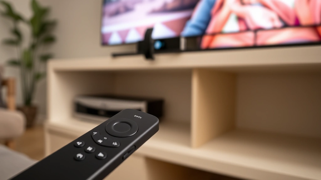 Firestick device mounted on an entertainment center with a remote in the foreground, showing proper line of sight to the device, cozy living room setting with TV