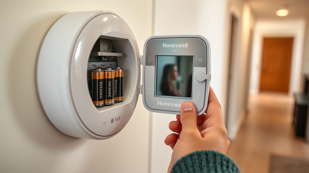 Homeowner's hands holding AA batteries next to an open battery compartment of a Honeywell thermostat, warm natural light, home office or hallway setting