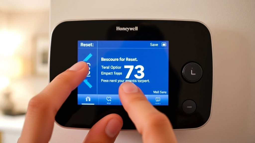 Hands pressing the menu button on a Honeywell smart thermostat screen showing reset options, clear digital interface visible, home interior with soft lighting