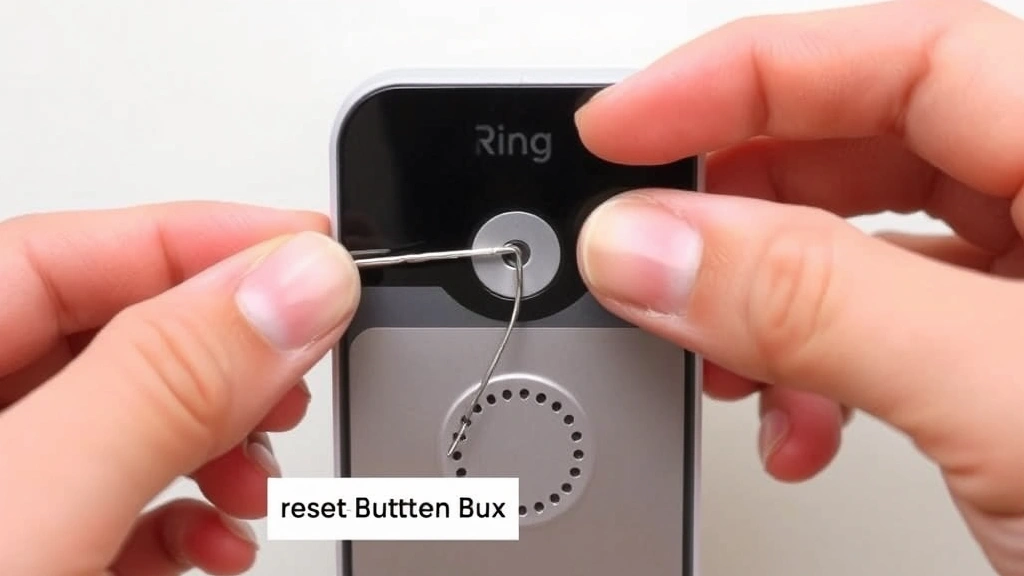 Hands holding a straightened paperclip inserting it into the small reset button on the back of a Ring doorbell device, showing the precise reset button location and proper technique for activation