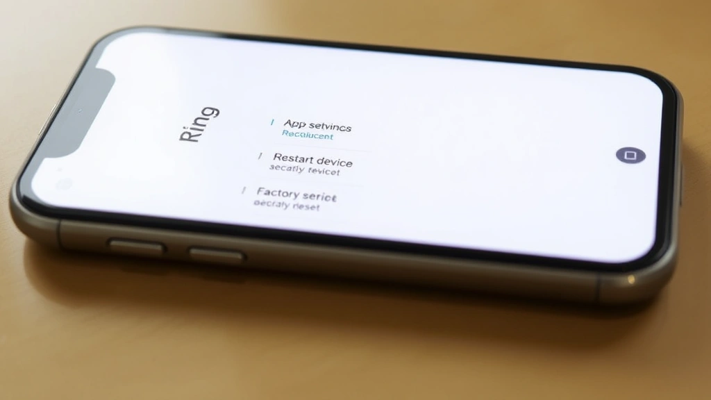 Smartphone screen displaying the Ring app interface with device settings menu open, showing restart device and factory reset options, bright screen with clear menu navigation visible