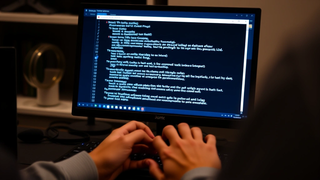 Person typing on a computer keyboard with Command Prompt or Terminal window open on the monitor screen, showing command line text, professional workspace