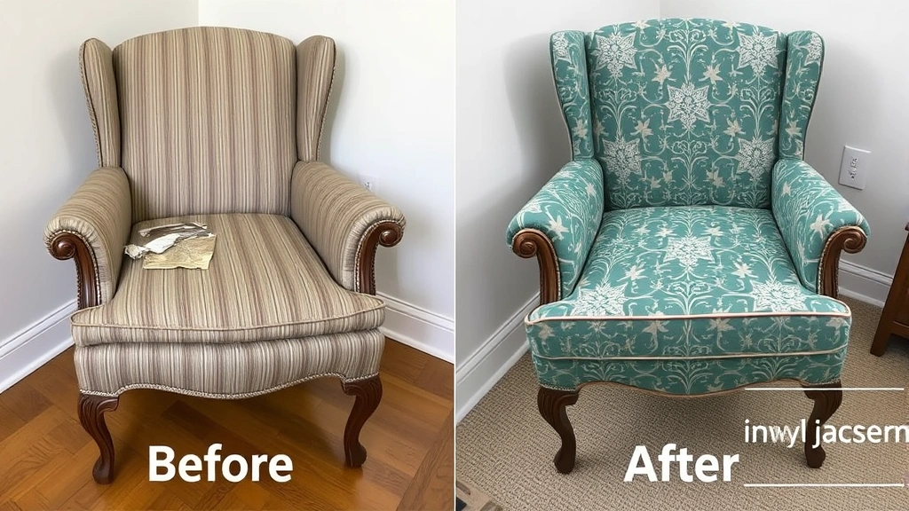 Before and after comparison showing worn vintage armchair with torn fabric next to same chair freshly reupholstered in new patterned fabric