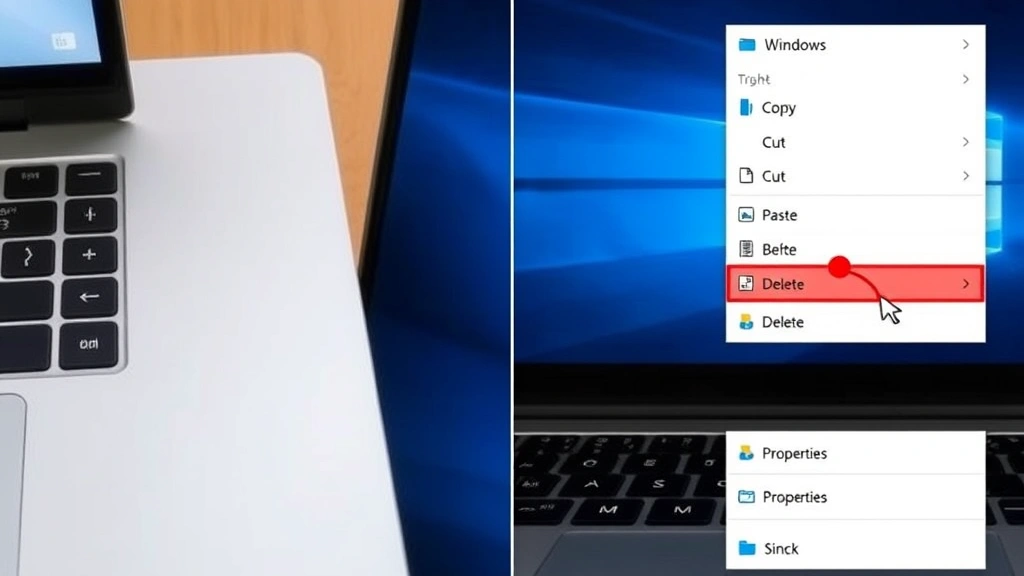 Split-screen comparison showing a Windows laptop trackpad on left with cursor pointer and a right-click context menu displaying file options like Copy, Cut, Paste, Delete, and Properties