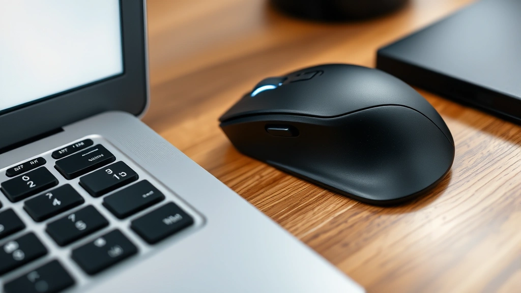 Detailed macro photograph of an external ergonomic mouse with right-click button highlighted in contrasting color, positioned on a wooden desk next to a laptop keyboard, showing button location clearly
