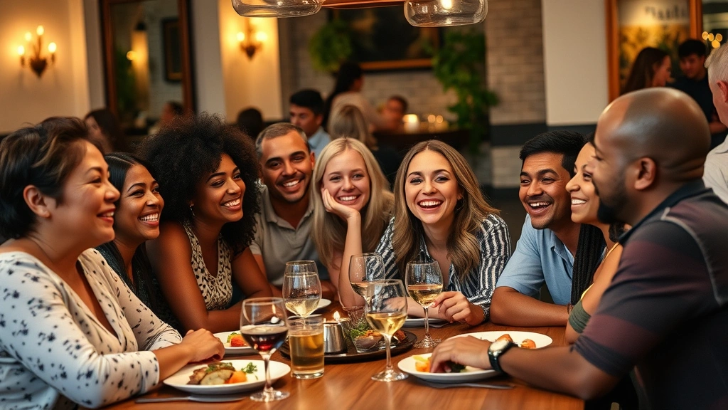 Group of diverse people laughing together at dinner table, casual setting, genuine smiles and laughter, comfortable social atmosphere, warm lighting