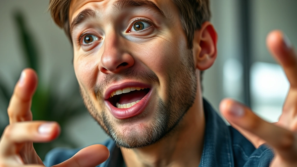 Close-up of person speaking expressively with hand gestures, animated facial features showing humor, confident demeanor, natural indoor lighting, focused expression