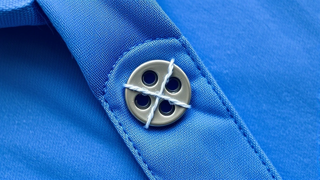 Detailed overhead view of completed button stitching showing X-pattern thread on four-hole button attached to blue dress shirt fabric, demonstrating professional stitching technique