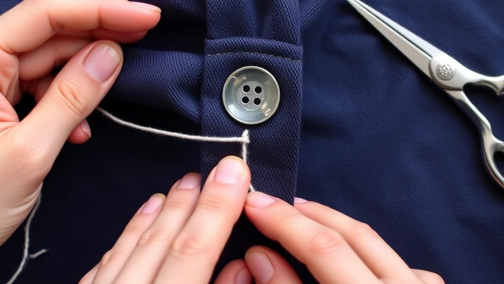 Hands wrapping thread around thread shank beneath button on fabric, showing reinforcement and finishing technique with needle and scissors nearby
