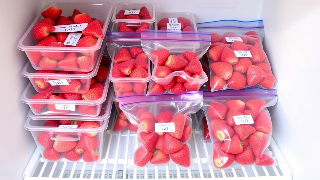 Multiple clear freezer containers and heavy-duty freezer bags filled with individually frozen red strawberries, containers labeled with dates, arranged on a white shelf in an open freezer showing frost-free interior
