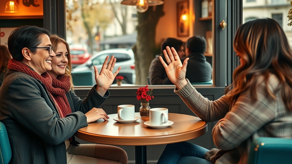 Cozy French café interior with friends waving goodbye at a small round table, coffee cups visible, warm ambient lighting, autumn afternoon, casual and relaxed setting, genuine smiles and hand gestures