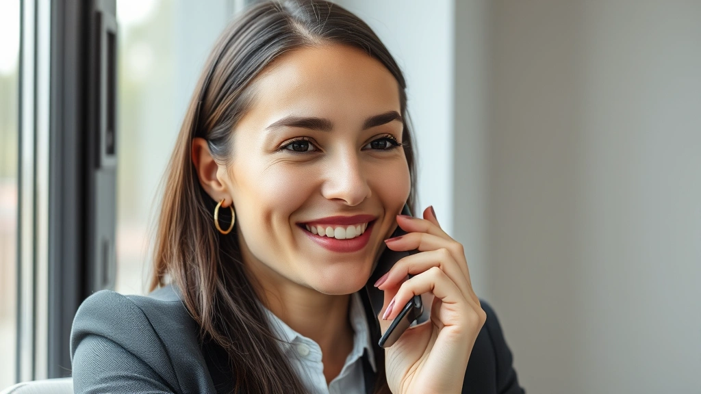 Close-up of a woman speaking into a smartphone with a pleasant expression, sitting by a window with soft natural light, appearing to end a friendly conversation, neutral background, professional yet warm demeanor