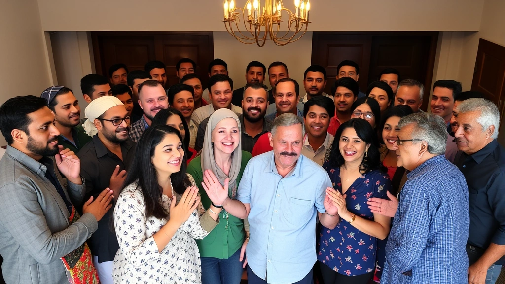 Diverse group of Portuguese speakers from different countries gathered in a welcoming community setting, showing various greeting gestures and expressions of warmth and respect