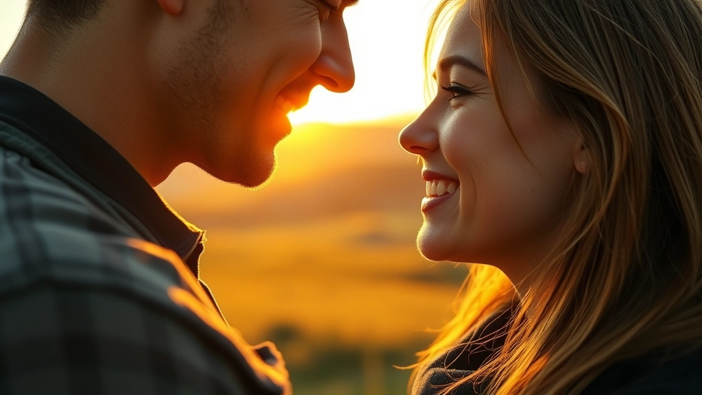 Close-up of two people exchanging heartfelt looks during sunset in a German countryside setting, golden hour lighting, natural genuine emotion, blurred rolling hills in background