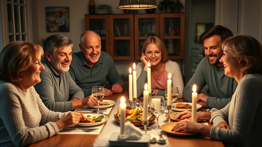 Family gathered around a dinner table in a German home, multiple generations smiling warmly together, candles lit, showing familial affection and togetherness, authentic candid moment