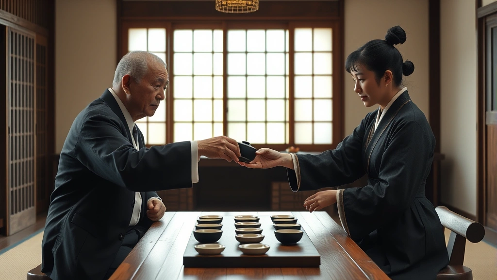 Wide shot of a traditional Korean tea ceremony with two participants, older person serving tea to younger person, respectful body language, wooden table with tea cups, soft natural window lighting, cultural authenticity