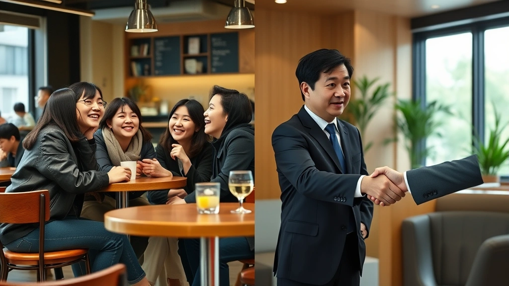 Split-screen showing casual Korean friends laughing together in a coffee shop on one side and formal Korean business meeting with handshake on the other side, clear contrast between informal and formal settings
