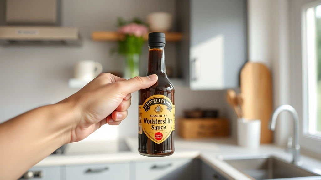 Person holding a Worcestershire sauce bottle in a modern kitchen, pointing to the label, natural daylight from window, showing the product in context
