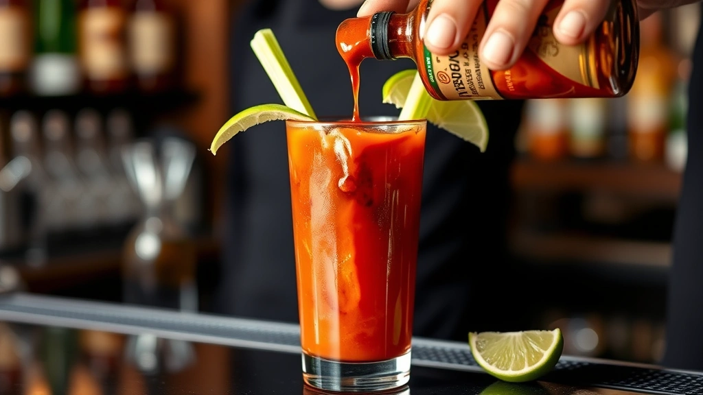 Worcestershire sauce being drizzled over a Bloody Mary cocktail in a bar setting, garnished with celery and lime, professional bar atmosphere