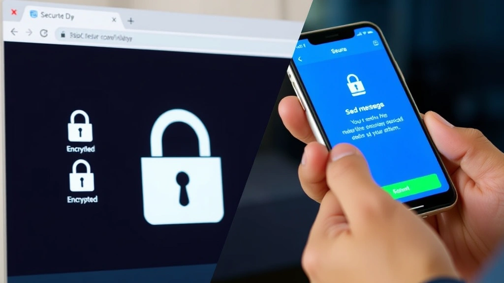 Split-screen showing secure email interface on left with padlock symbols and encryption indicators, right side showing recipient receiving encrypted message notification on smartphone
