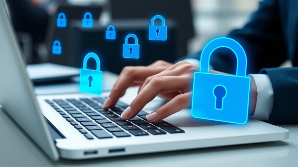 Hands typing confidential business email on laptop keyboard with digital security overlay, blue lock icons floating above keyboard, professional office environment with blurred background