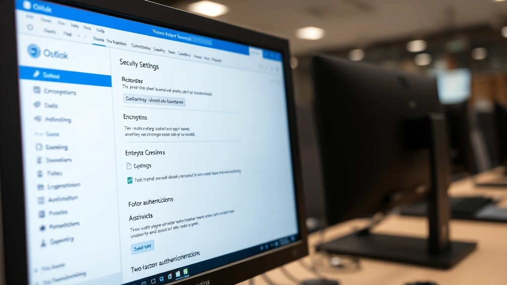 Close-up of computer monitor displaying Outlook interface with security settings menu open, showing encryption and two-factor authentication options, professional office environment, soft lighting