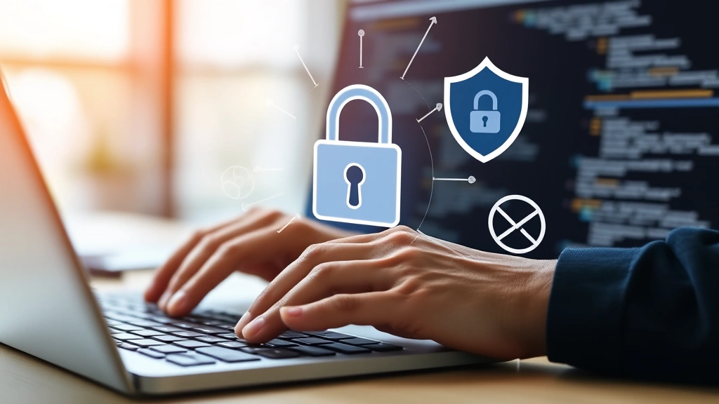 Person's hands typing on keyboard with padlock icon and security shield symbols floating above the screen, representing email encryption and data protection, modern workspace background