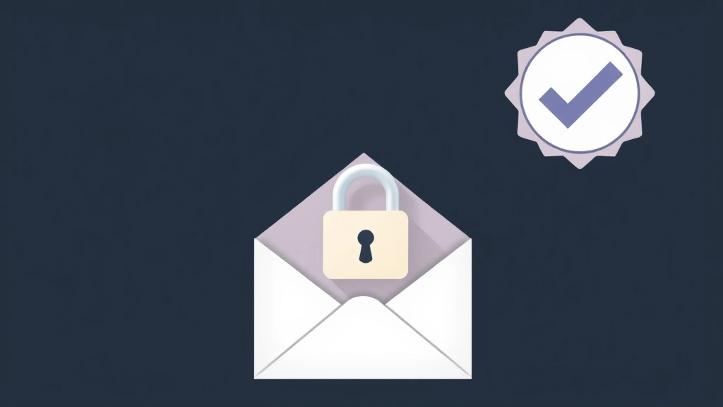 Digital illustration of email envelope with lock symbol and checkmark badge, representing secure encrypted email delivery and digital signature verification, clean minimalist design