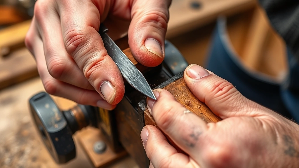 Close-up of hands filing a chainsaw tooth with a round file in a vise, showing proper angle and technique, woodshop setting with sawdust visible
