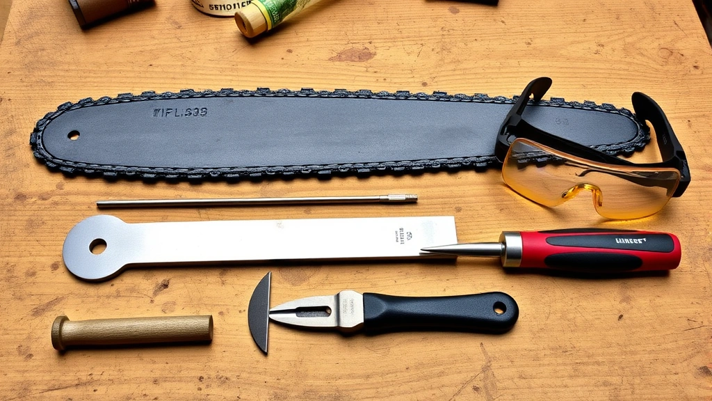 Complete chainsaw sharpening kit laid out including round files, flat file, depth gauge tool, file handle, and safety glasses on workbench