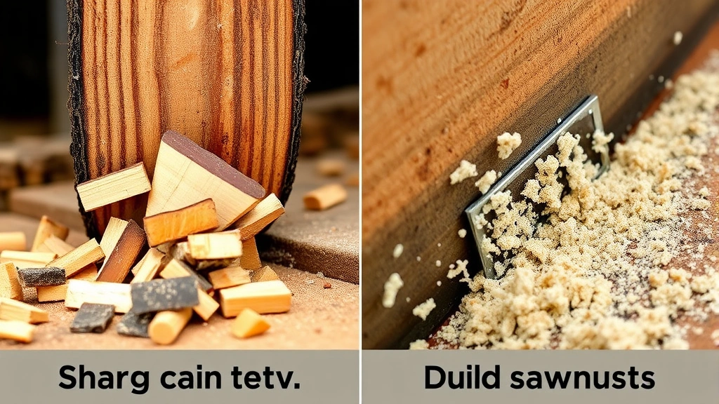 Side-by-side comparison showing sharp chainsaw teeth producing wood chips versus dull teeth producing fine sawdust from cutting demonstration