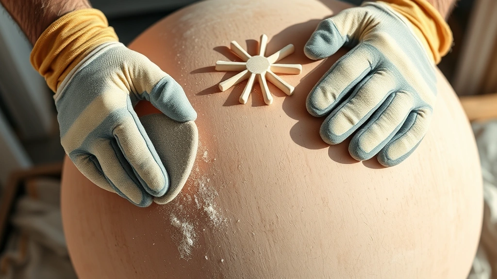 Hands wearing work gloves sanding a large decorative sphere in circular motions, with dust particles visible in natural light