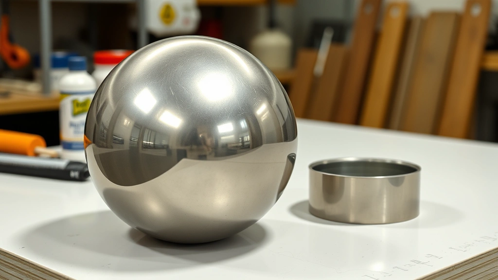 Completed polished ball on workbench next to protective finish products, showing smooth reflective surface before coating application