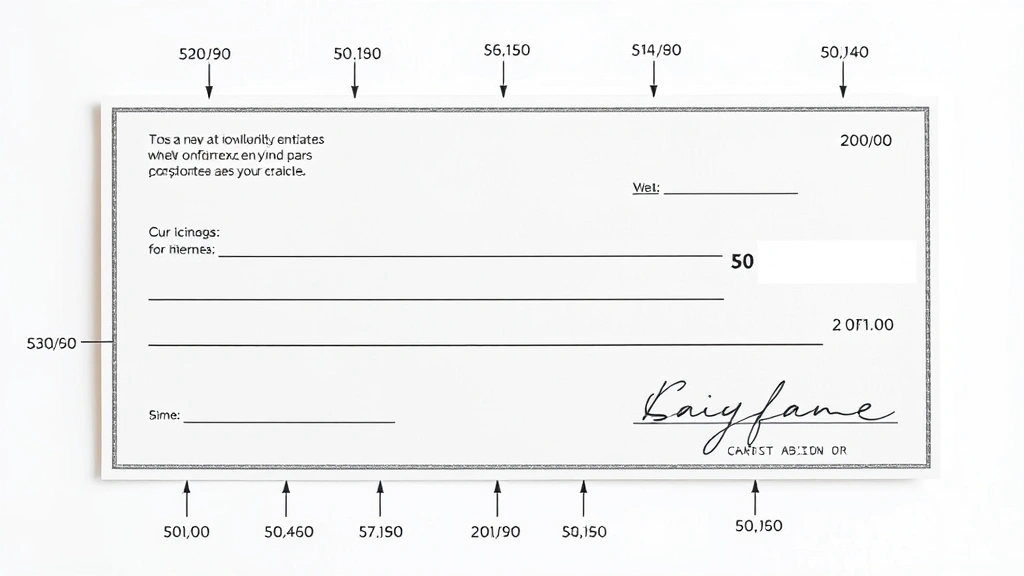 Overhead view of a blank personal check with all fields labeled and visible, showing the signature line location on the bottom right corner with surrounding check elements