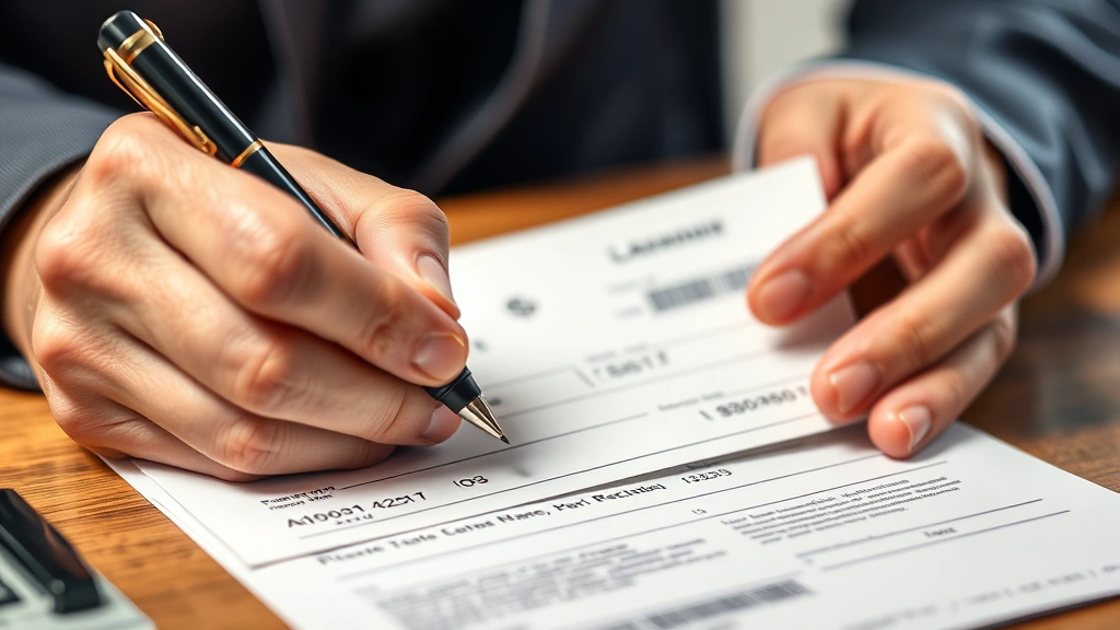 Person carefully reviewing check details before signing, examining the payee name, amount fields, and date with a focused expression, using permanent black ink pen